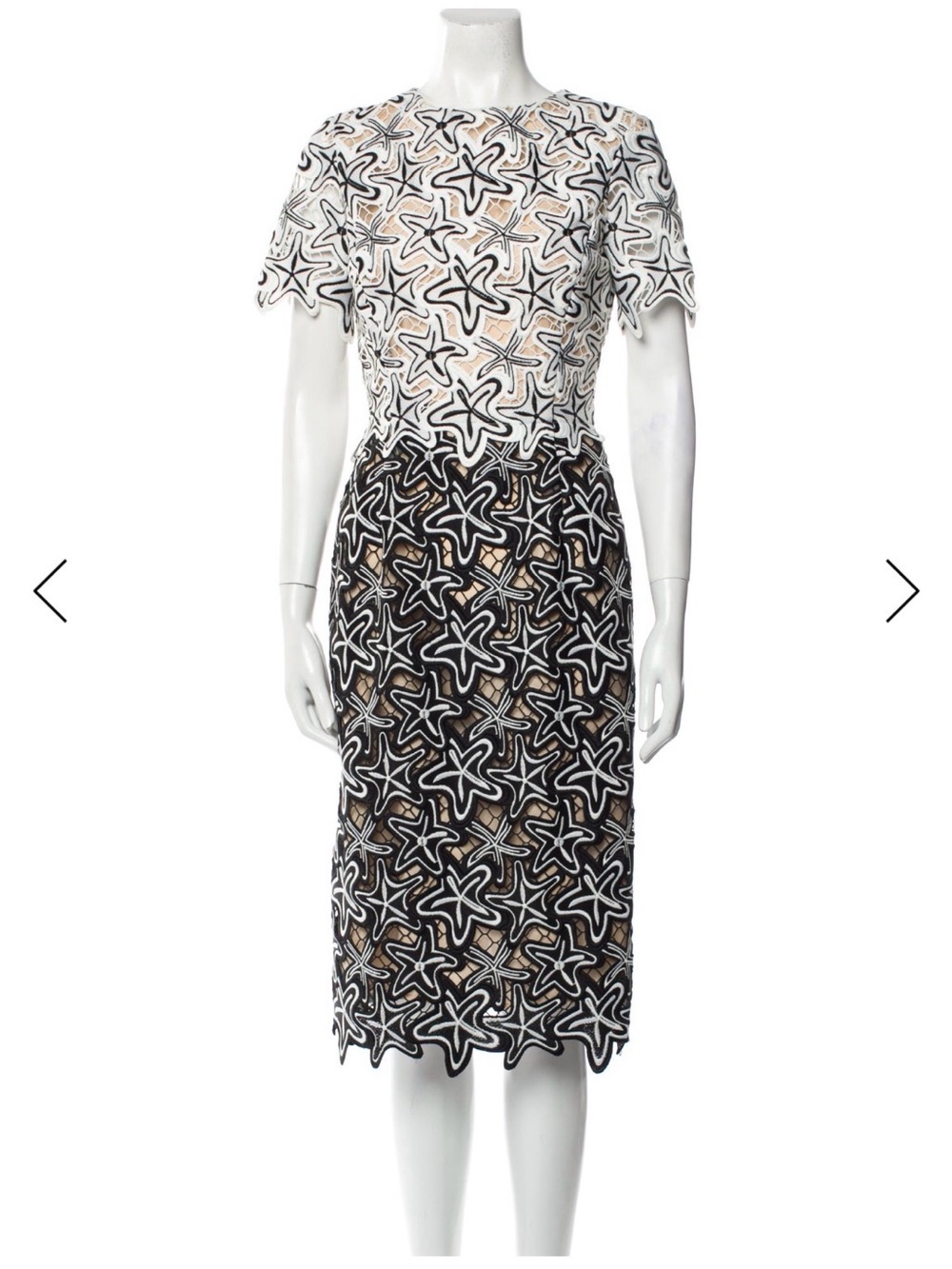 Oscar de la Renta Black, White & Tan Starflower Lace Midi Dress